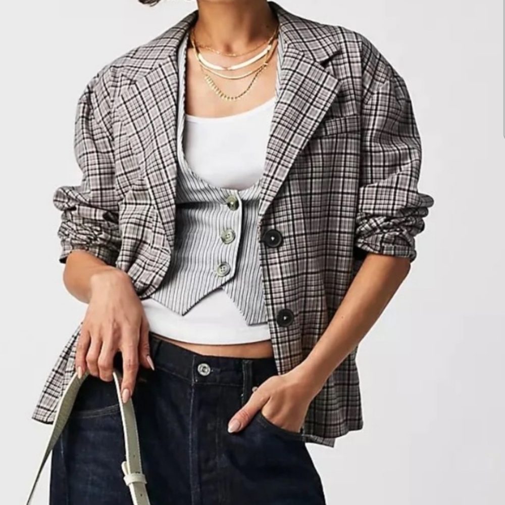 Free People Cali Boxy Plaid Blazer Jacket-NWT